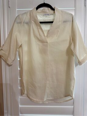 Calvin Klein Ivory Split-Neck Roll-Sleeve Blouse